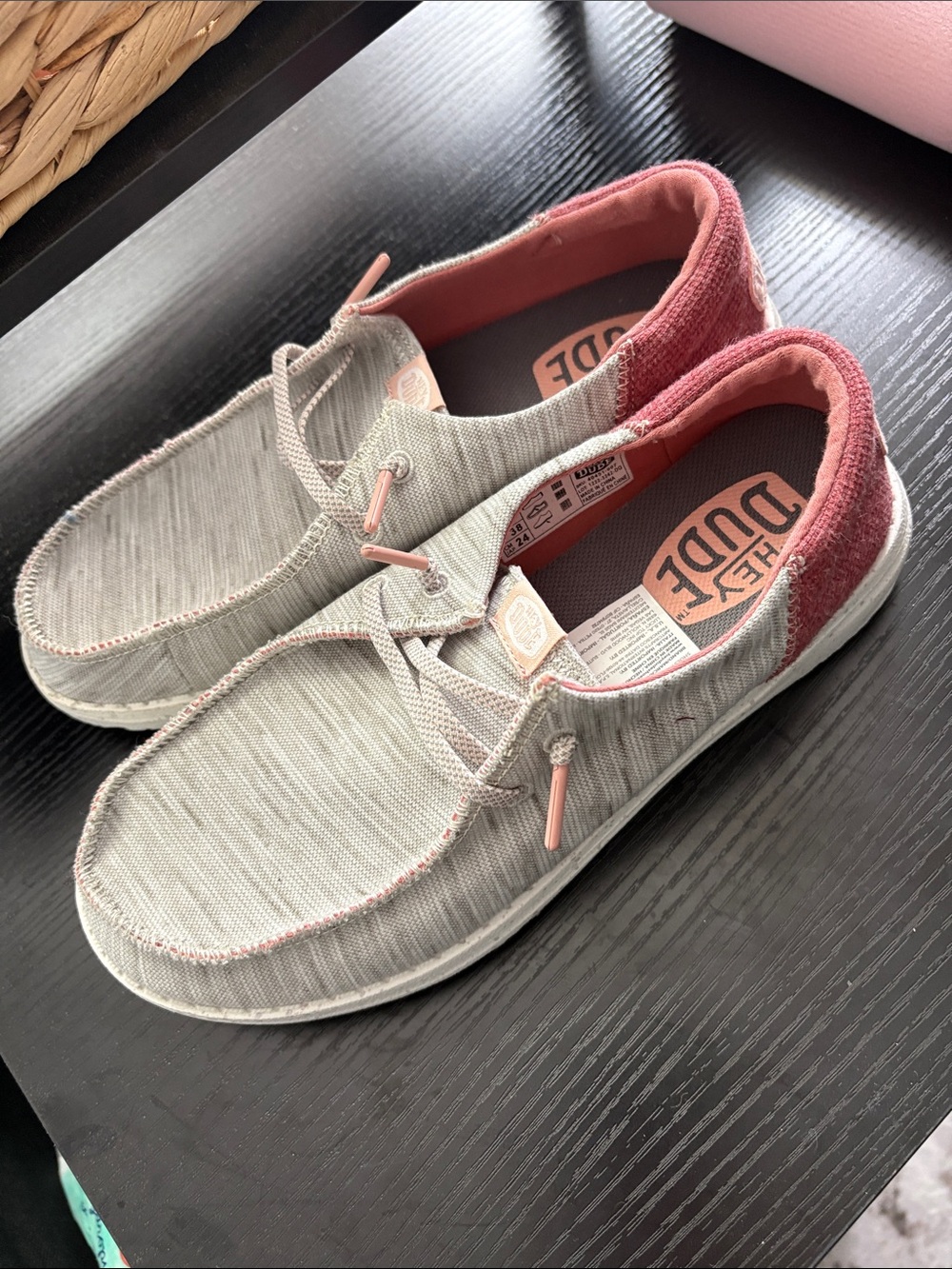 Hey Dude Casual Slip-On Shoes in Light Gray with Dusty Rose Accents